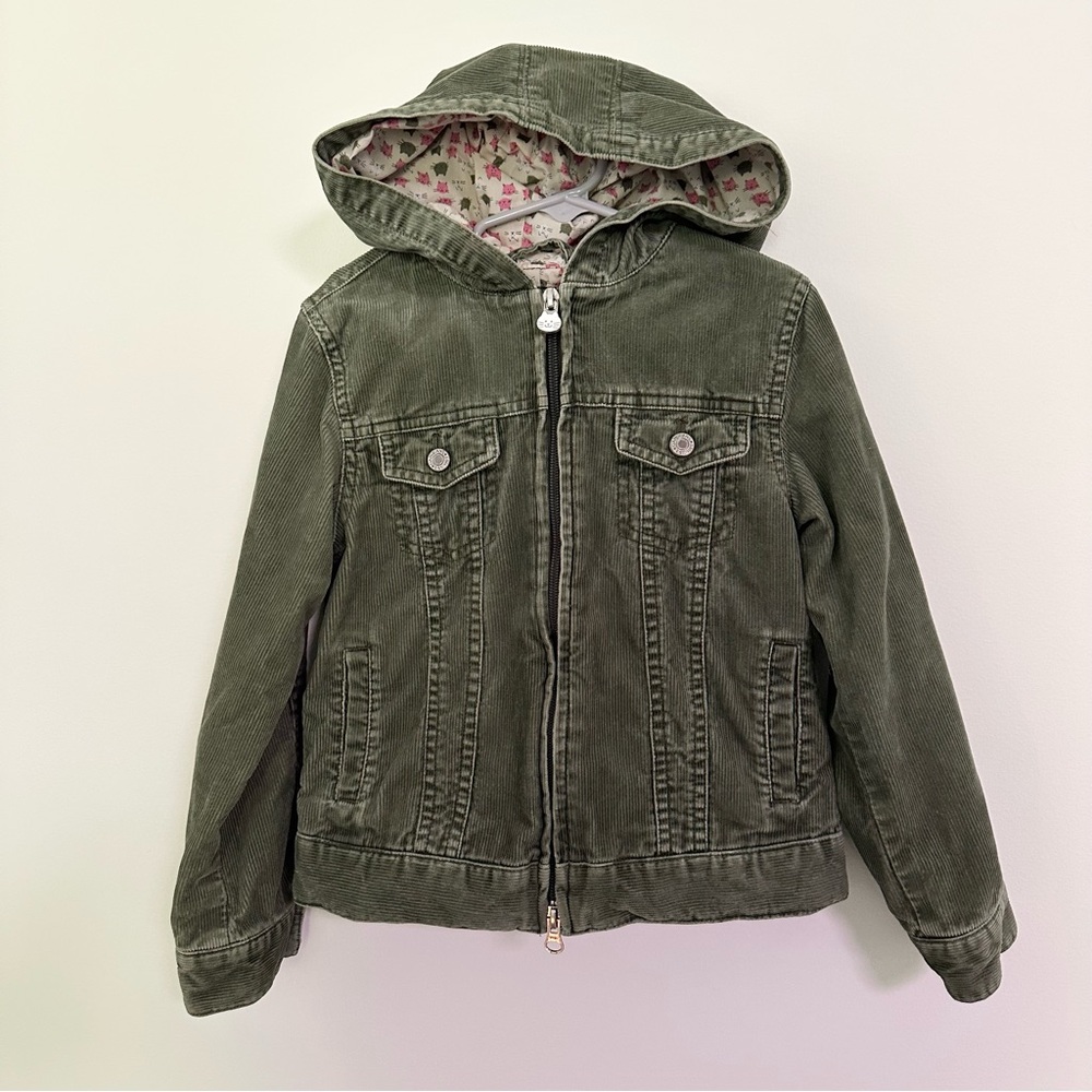 Y2K Gap Green Corduroy Jacket with Hood and and Cat Zipper Pull Cat Fabric Lined